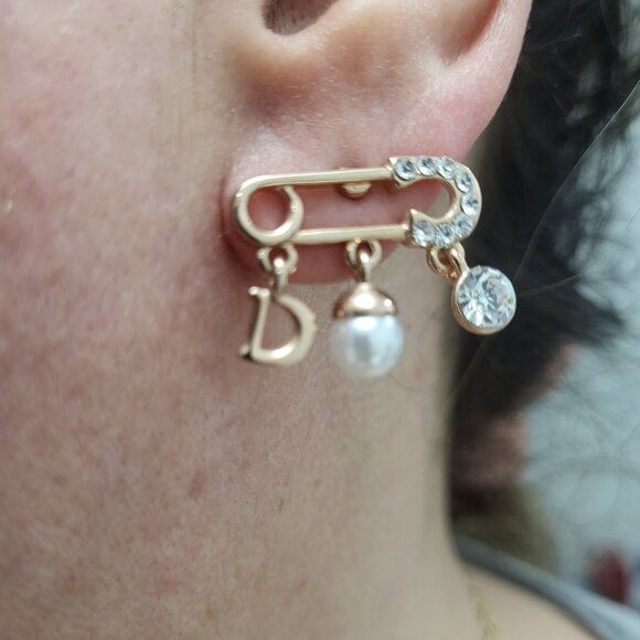 Gold Tone Safety Pin Stud Earrings with Crystal & Faux Pearl - Picture 6 of 11